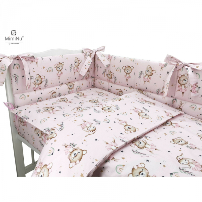 MimiNu - Lenjerie patut 3 piese, Cu protectie laterala, Din bumbac certificat Oeko Tex Standard 100, Pentru patut 120x60 cm, Design, Little Ballerina Pink [2]