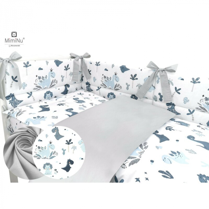 MimiNu - Lenjerie patut 3 piese, Cu protectie laterala, Din bumbac certificat Oeko Tex Standard 100, Pentru patut 120x60 cm, Dino Granat [2]