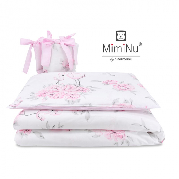 MimiNu - Lenjerie patut 3 piese, Cu protectie laterala, Din bumbac certificat Oeko Tex Standard 100, Pentru patut 120x60 cm, Peonie Pink [1]
