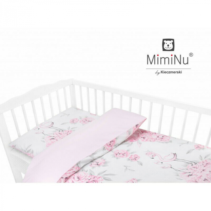 MimiNu - Lenjerie patut 3 piese, Cu protectie laterala, Din bumbac certificat Oeko Tex Standard 100, Pentru patut 120x60 cm, Peonie Pink [2]