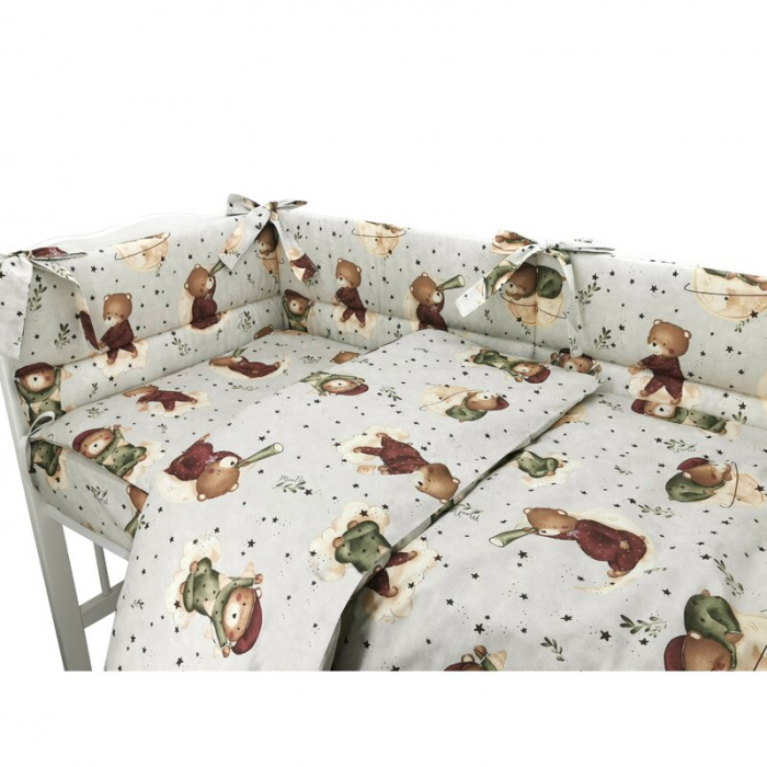 MimiNu - Lenjerie patut 3 piese, Cu protectie laterala, Din bumbac certificat Oeko Tex Standard 100, Pentru patut 120x60 cm, Teddy Bear On Moon [2]