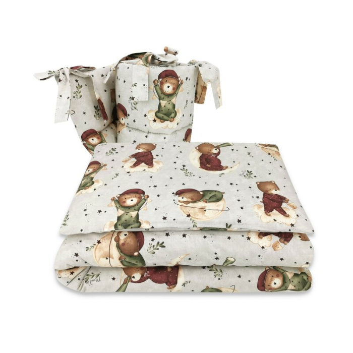 MimiNu - Lenjerie patut 3 piese, Cu protectie laterala, Din bumbac certificat Oeko Tex Standard 100, Pentru patut 120x60 cm, Teddy Bear On Moon [1]