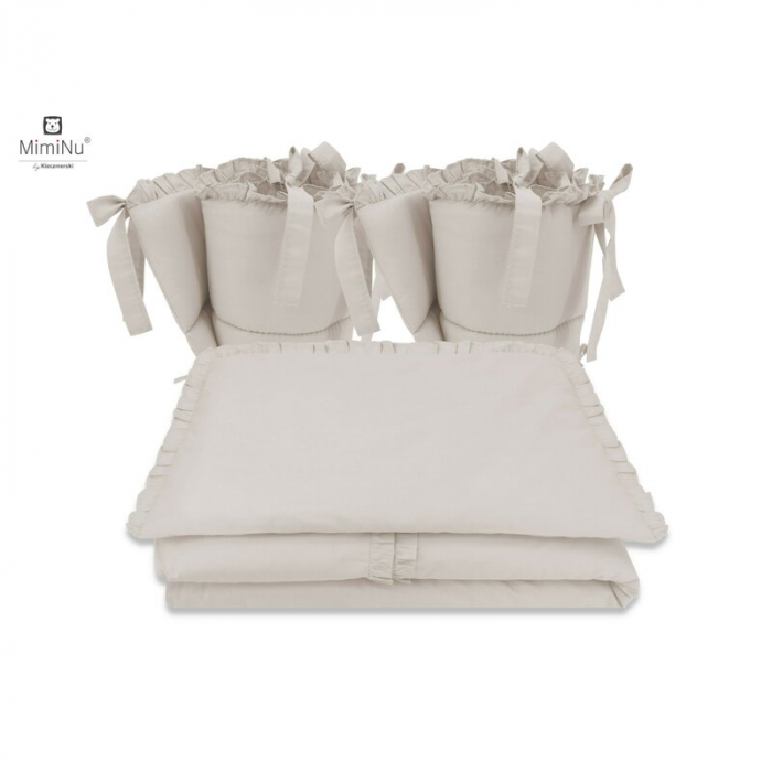 MimiNu - Lenjerie patut cu 4 piese, Cu doua protectii laterale, Cu volanase, Din bumbac certificat Oeko Tex Standard 100, Pentru patut 120x60 cm, Colectia Royal, Beige [1]