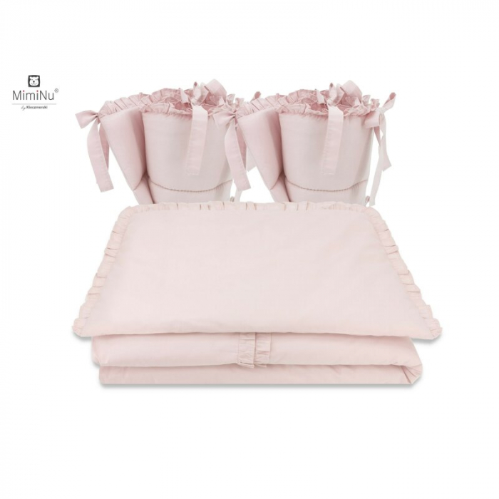 MimiNu - Lenjerie patut cu 4 piese, Cu doua protectii laterale, Cu volanase, Din bumbac certificat Oeko Tex Standard 100, Pentru patut 120x60 cm, Colectia Royal, Powder Pink [1]
