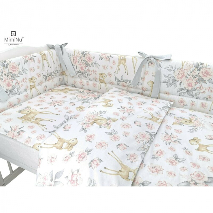 MimiNu - Lenjerie patut cu 4 piese, Cu doua protectii laterale, Din bumbac certificat Oeko Tex Standard 100, Pentru patut 120x60 cm, Sweet Deer Pink [3]