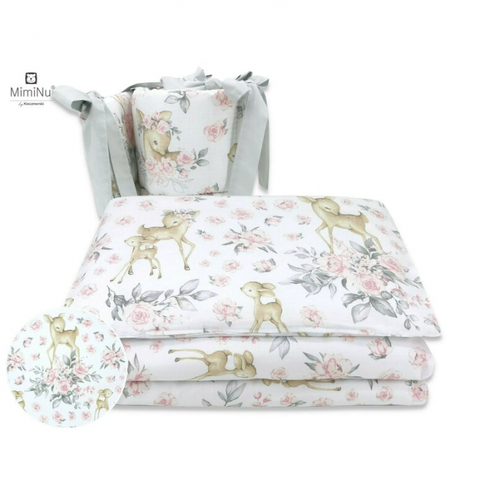 MimiNu - Lenjerie patut cu 4 piese, Cu doua protectii laterale, Din bumbac certificat Oeko Tex Standard 100, Pentru patut 120x60 cm, Sweet Deer Pink [2]