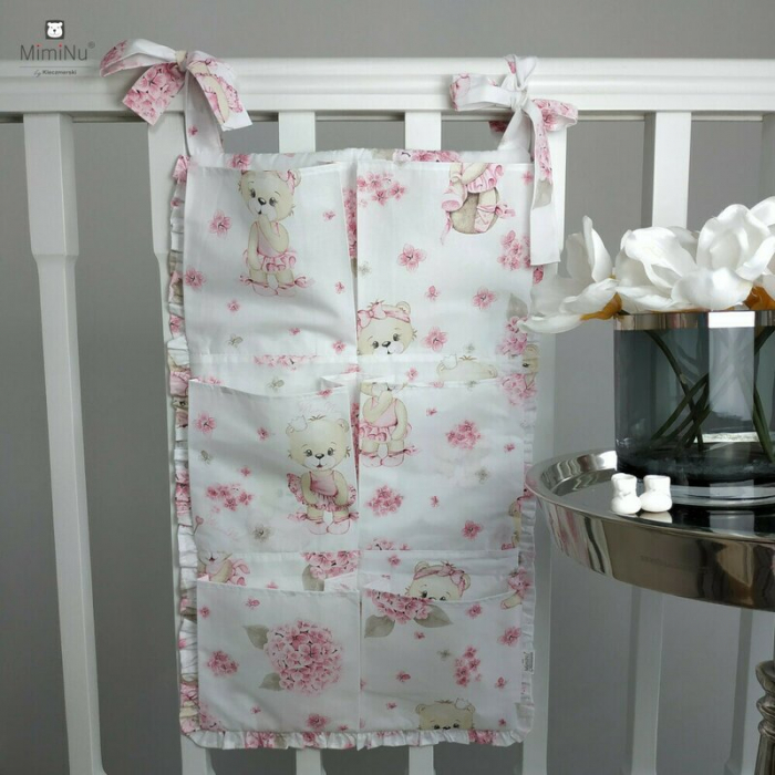 MimiNu - Organizator pentru patut, Din bumbac certificat Oeko Tex Standard 100, Cu 6 compartimente, Cu doua panglici, 70x40 cm, Cu volanase, Design, Pink Ballerina [3]