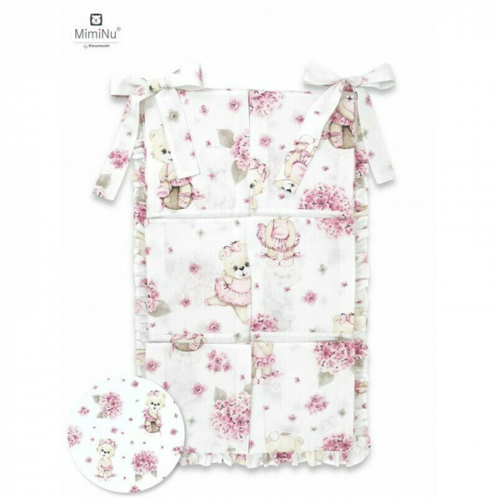 MimiNu - Organizator pentru patut, Din bumbac certificat Oeko Tex Standard 100, Cu 6 compartimente, Cu doua panglici, 70x40 cm, Cu volanase, Design, Pink Ballerina [1]