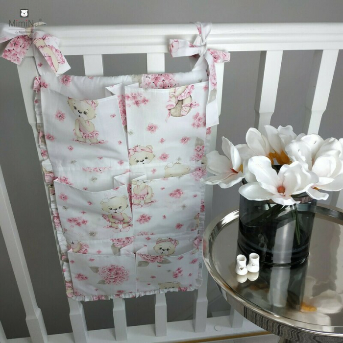MimiNu - Organizator pentru patut, Din bumbac certificat Oeko Tex Standard 100, Cu 6 compartimente, Cu doua panglici, 70x40 cm, Cu volanase, Design, Pink Ballerina [2]