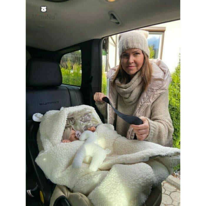 MimiNu - Paturica calduroasa de infasat pentru scoica, scaun auto/carucior, Cu gluga si urechi, Dimensiune 90x90 cm, Din imitatie de lana si bumbac, Certificat Oeko Tex Standard 100, Ecru Lulu Natural [6]