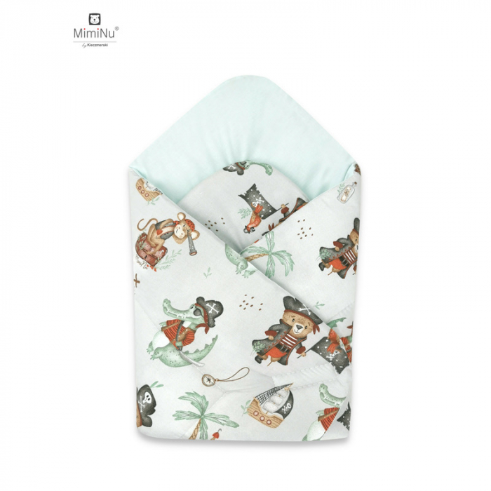 MimiNu - Paturica de infasat cu doua fete, Cu multiple utilizari, Cu inchidere arici velcro, Dimensiune 75x75 cm, Din bumbac certificat Oeko Tex Standard 100, Design, Pirates Natural [1]