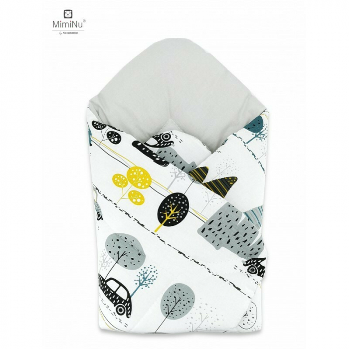 MimiNu - Paturica de infasat cu doua fete, Cu multiple utilizari, Cu inchidere arici velcro, Dimensiune 75x75 cm, Din bumbac certificat Oeko Tex Standard 100, Childrens Journey Grey [1]