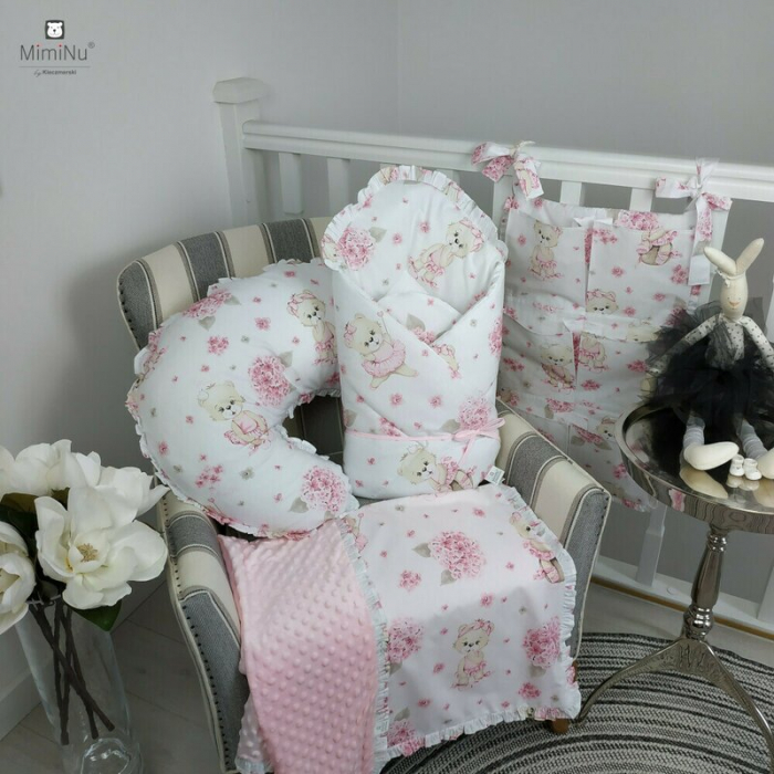 MimiNu - Paturica de infasat, Cu volanas si panglica, Cu multiple utilizari, Cu inchidere arici velcro, Dimensiune 75x75 cm, Din bumbac certificat Oeko Tex Standard 100, Design, Pink Ballerina [3]
