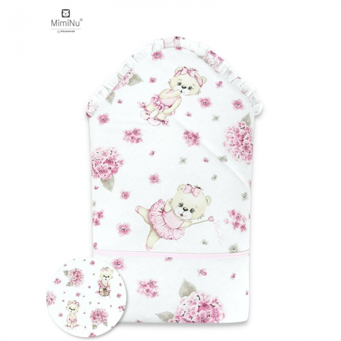 MimiNu - Paturica de infasat, Cu volanas si panglica, Cu multiple utilizari, Cu inchidere arici velcro, Dimensiune 75x75 cm, Din bumbac certificat Oeko Tex Standard 100, Design, Pink Ballerina [2]
