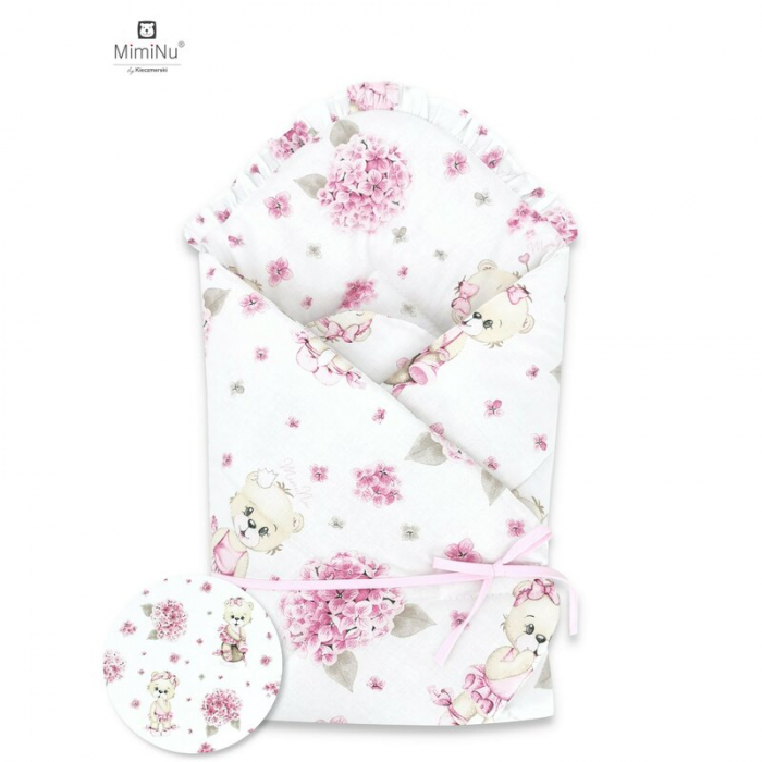 MimiNu - Paturica de infasat, Cu volanas si panglica, Cu multiple utilizari, Cu inchidere arici velcro, Dimensiune 75x75 cm, Din bumbac certificat Oeko Tex Standard 100, Design, Pink Ballerina [1]