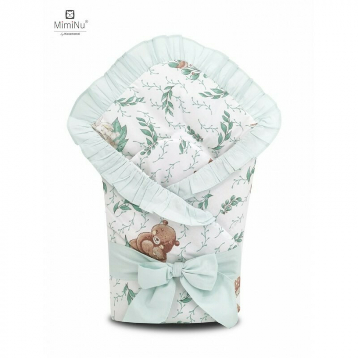 MimiNu - Paturica de infasat multifunctionala, Cu volanase, Cu inchidere cu panglica si arici velcro, Dimensiune 75x75 cm, Din bumbac certificat Oeko Tex Standard 100, Lulu Natural/Mint [1]