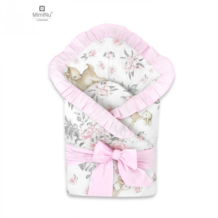 MimiNu - Paturica de infasat multifunctionala, Cu volanase, Cu inchidere cu panglica si arici velcro, Dimensiune 75x75 cm, Din bumbac certificat Oeko Tex Standard 100, Sweet Deer Pink/Pink [1]