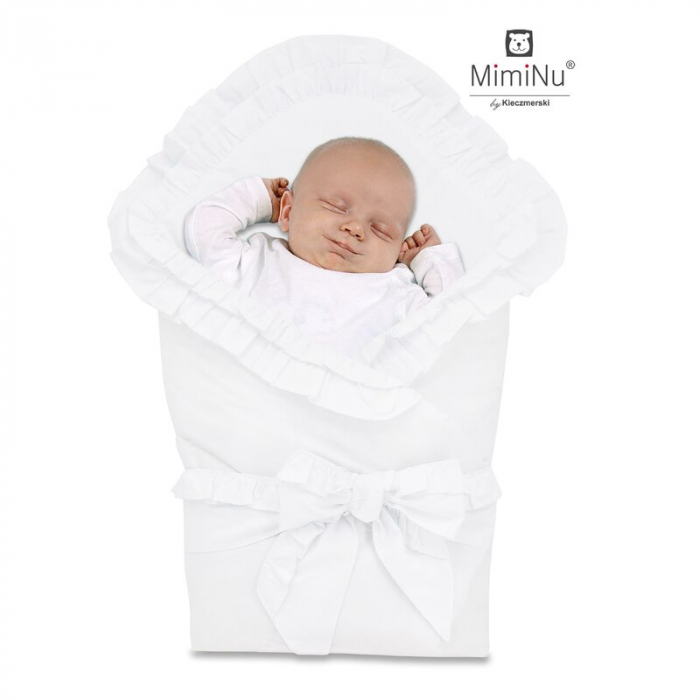 MimiNu - Paturica de infasat multifunctionala pentru botez, Cu volanase, Cu inchidere cu panglica si arici velcro, Dimensiune 75x75 cm, Din bumbac certificat Oeko Tex Standard 100, White [2]