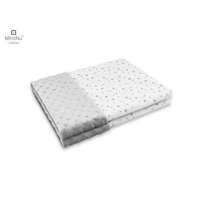 MimiNu - Paturica pufoasa cu doua fete, Dimensiune 75x100 cm, Din tesatura minky si bumbac, Materiale certificate Oeko Tex Standard 100, Mini Gray Stars [1]