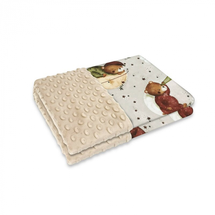 MimiNu - Paturica pufoasa cu doua fete, Dimensiune 75x100 cm, Din tesatura Minky si bumbac, Materiale certificate Oeko Tex Standard 100, Teddy Bear On Moon [1]