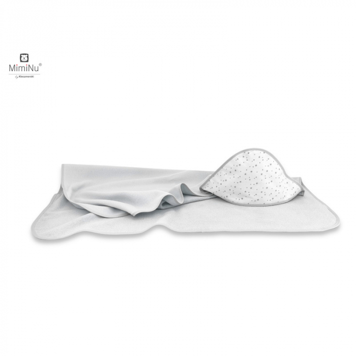 MimiNu - Prosop mare cu gluga, Dimensiune 100x100 cm, Din bumbac si thermo fleece, Materiale certificate Oeko Tex Standard 100, Mini Gray Stars [1]