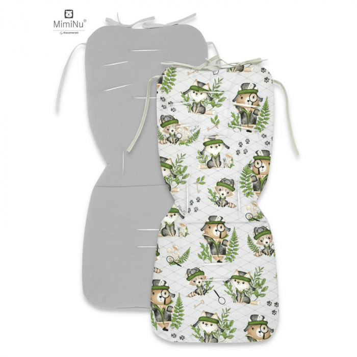 MimiNu - Salteluta pentru carucior, Reversibila, Cu doua fete, Din catifea matlasata si bumbac, Materiale certificate Oeko Tex Standard 100, Dimensiune 78 x 34 cm, Minky Detective Natural [1]