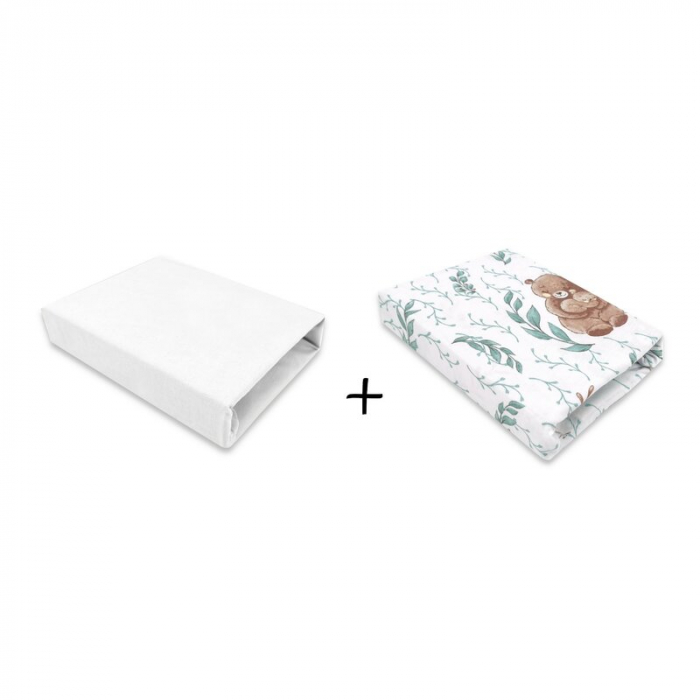 MimiNu - Set 2 cearceafuri cu elastic pentru patut leagan sau patut co-sleeper, 90x50 cm, Din bumbac, Material certificat Oeko Tex Standard 100, White and Lulu Natural [1]