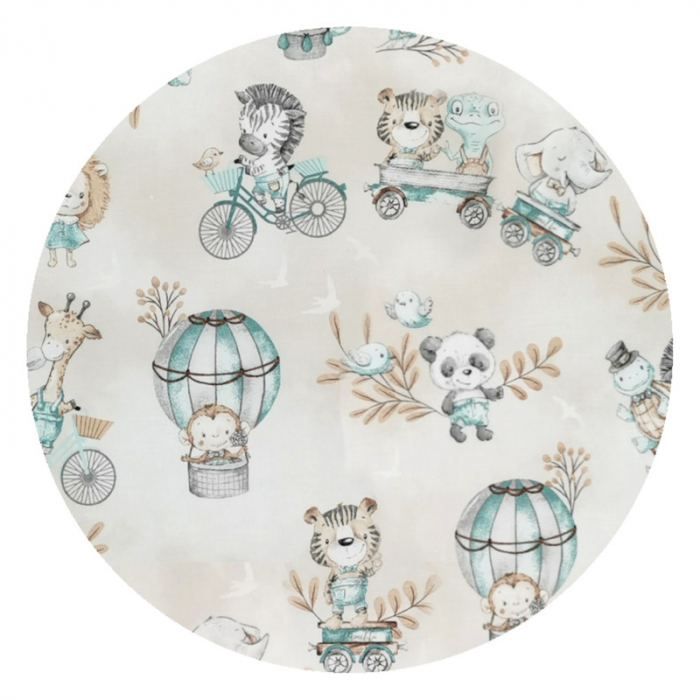 MimiNu - Set 3 cosuri rotunde cu dimensiuni generoase pentru depozitare jucarii, Cu volanase, Dimensiuni 50x35 cm, 35x30 cm, 19x23 cm, Din bumbac certificat Oeko Tex Standard 100, Design, Zoo on Bikes [2]