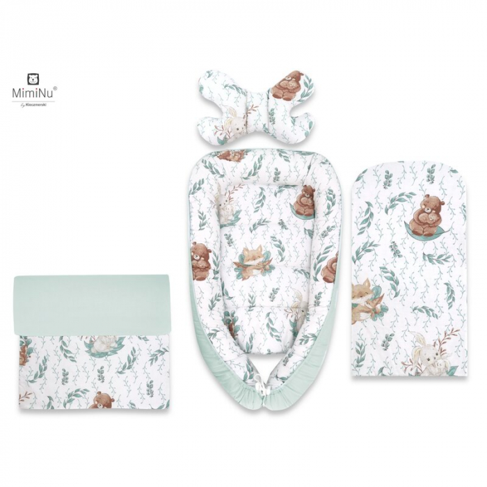 MimiNu - Set 4 in 1 Cosulet bebelus Baby Cocoon 75x55 cm, Husa 100% bumbac, Din bumbac certificat Oeko Tex Standard 100, Cu paturica cu doua fete 50x70 cm, Cu salteluta 60x32 cm, Cu perna fluture cu d [1]