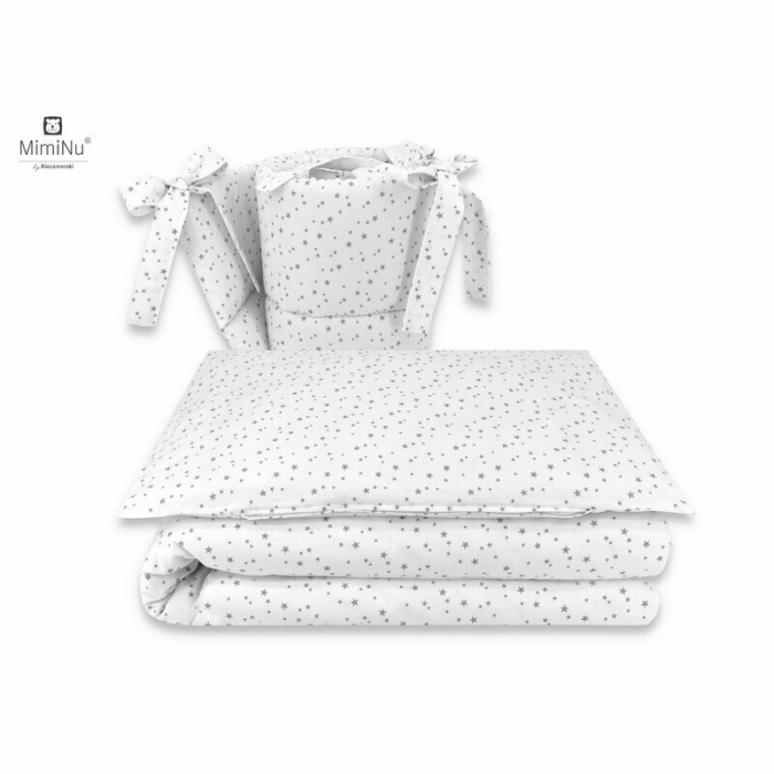 MimiNu - Set lenjerie patut 5 piese, Cu pilota si perna, Din bumbac certificat Oeko Tex Standard 100, Pentru patut 120x60 cm, Mini Gray Stars [2]