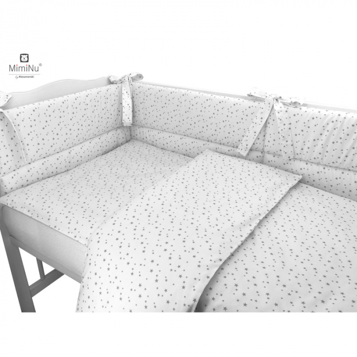 MimiNu - Set lenjerie patut 5 piese, Cu pilota si perna, Din bumbac certificat Oeko Tex Standard 100, Pentru patut 120x60 cm, Mini Gray Stars [3]