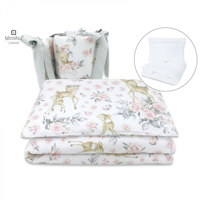 MimiNu - Set lenjerie patut 5 piese, Cu pilota si perna, Din bumbac certificat Oeko Tex Standard 100, Pentru patut 120x60 cm, Sweet Deer Pink [1]