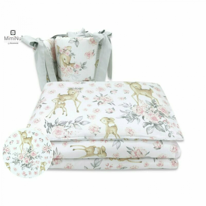MimiNu - Set lenjerie patut 5 piese, Cu pilota si perna, Din bumbac certificat Oeko Tex Standard 100, Pentru patut 120x60 cm, Sweet Deer Pink [2]