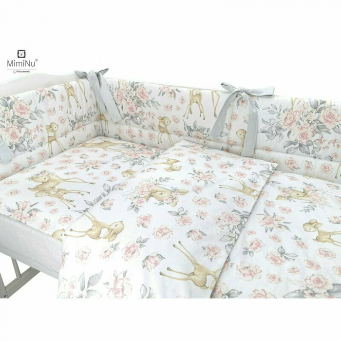 MimiNu - Set lenjerie patut 5 piese, Cu pilota si perna, Din bumbac certificat Oeko Tex Standard 100, Pentru patut 120x60 cm, Sweet Deer Pink [4]