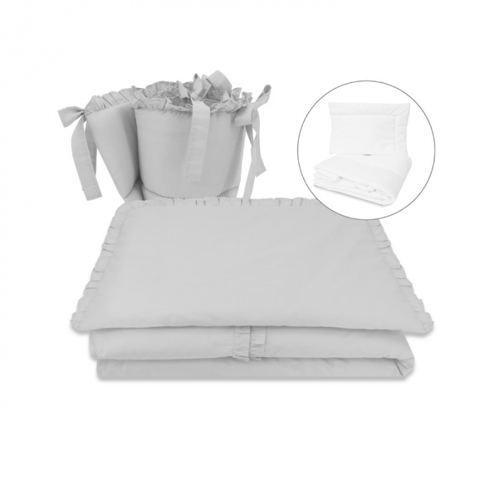 MimiNu - Set lenjerie patut 5 piese, Cu volanase, Cu pilota si perna, Din bumbac certificat Oeko Tex Standard 100, Pentru patut 120x60 cm, Colectia Royal, Grey [1]