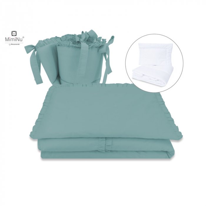 MimiNu - Set lenjerie patut 5 piese, Cu volanase, Cu pilota si perna, Din bumbac certificat Oeko Tex Standard 100, Pentru patut 120x60 cm, Colectia Royal, Nepal Green [1]
