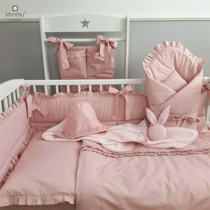 MimiNu - Set lenjerie patut 5 piese, Cu volanase, Cu pilota si perna, Din bumbac certificat Oeko Tex Standard 100, Pentru patut 120x60 cm, Colectia Royal, Powder Pink [6]