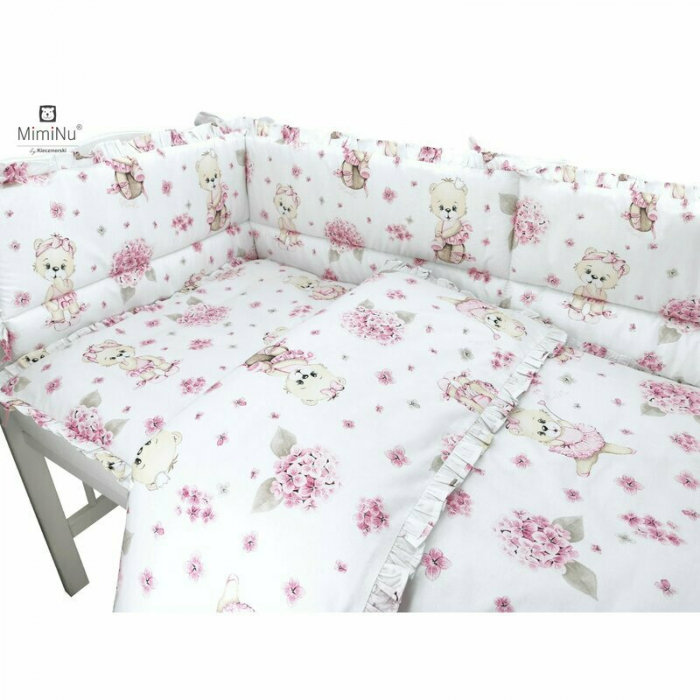 MimiNu - Set lenjerie patut 5 piese, Cu volanase, Cu pilota si perna, Din bumbac certificat Oeko Tex Standard 100, Pentru patut 120x60 cm, Design, Pink Ballerina [5]
