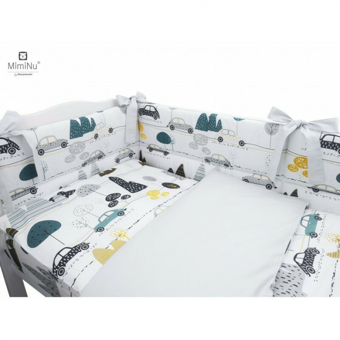 MimiNu - Set lenjerie patut cu 6 piese, Cu pilota si perna, Cu doua aparatori laterale, Din bumbac certificat Oeko Tex Standard 100, Pentru patut 120x60 cm, Childrens Journey Grey [4]
