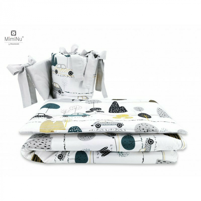 MimiNu - Set lenjerie patut cu 6 piese, Cu pilota si perna, Cu doua aparatori laterale, Din bumbac certificat Oeko Tex Standard 100, Pentru patut 120x60 cm, Childrens Journey Grey [3]