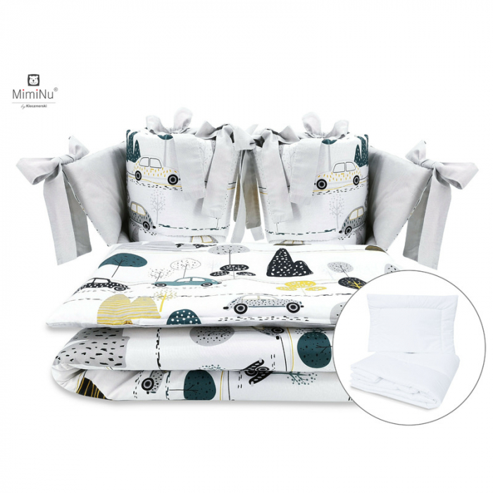 MimiNu - Set lenjerie patut cu 6 piese, Cu pilota si perna, Cu doua aparatori laterale, Din bumbac certificat Oeko Tex Standard 100, Pentru patut 120x60 cm, Childrens Journey Grey [1]