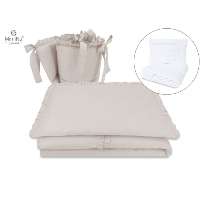 MimiNu - Set lenjerie patut cu 6 piese, Cu volanase, Cu pilota si perna, Cu doua aparatori laterale, Din bumbac certificat Oeko Tex Standard 100, Pentru patut 120x60 cm, Colectia Royal, Beige [2]