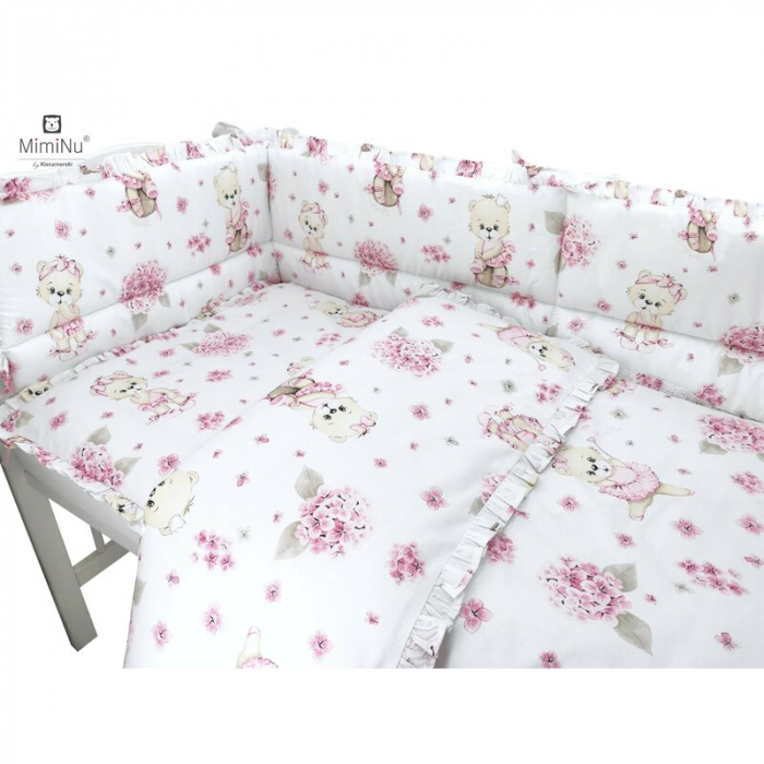 MimiNu - Set lenjerie patut cu 6 piese, Cu volanase, Cu pilota si perna, Cu doua aparatori laterale, Din bumbac certificat Oeko Tex Standard 100, Pentru patut 120x60 cm, Design, Pink Ballerina [4]