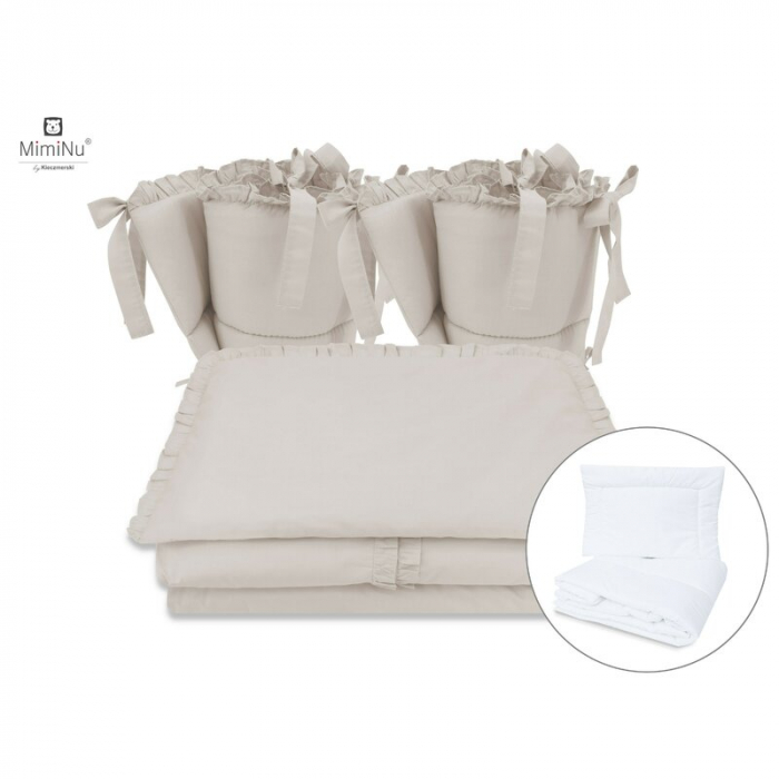 MimiNu - Set lenjerie patut cu 6 piese, Cu volanase, Cu pilota si perna, Cu doua aparatori laterale, Din bumbac certificat Oeko Tex Standard 100, Pentru patut 120x60 cm, Colectia Royal, Beige [1]