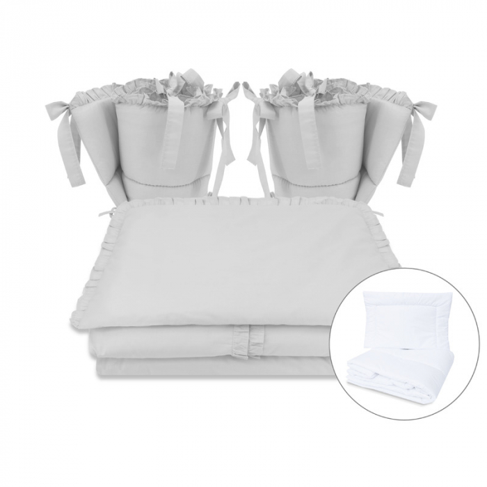 MimiNu - Set lenjerie patut cu 6 piese, Cu volanase, Cu pilota si perna, Cu doua aparatori laterale, Din bumbac certificat Oeko Tex Standard 100, Pentru patut 120x60 cm, Colectia Royal, Grey [1]