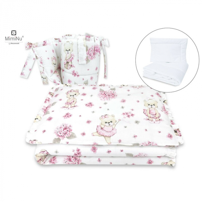 MimiNu - Set lenjerie patut cu 6 piese, Cu volanase, Cu pilota si perna, Cu doua aparatori laterale, Din bumbac certificat Oeko Tex Standard 100, Pentru patut 120x60 cm, Design, Pink Ballerina [2]