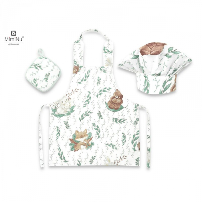MimiNu - Set Micutul bucatar, Cu sort, o boneta si accesoriu pentru vase calde, Din bumbac certificat Oeko Tex Standard 100, Lulu Natural [1]