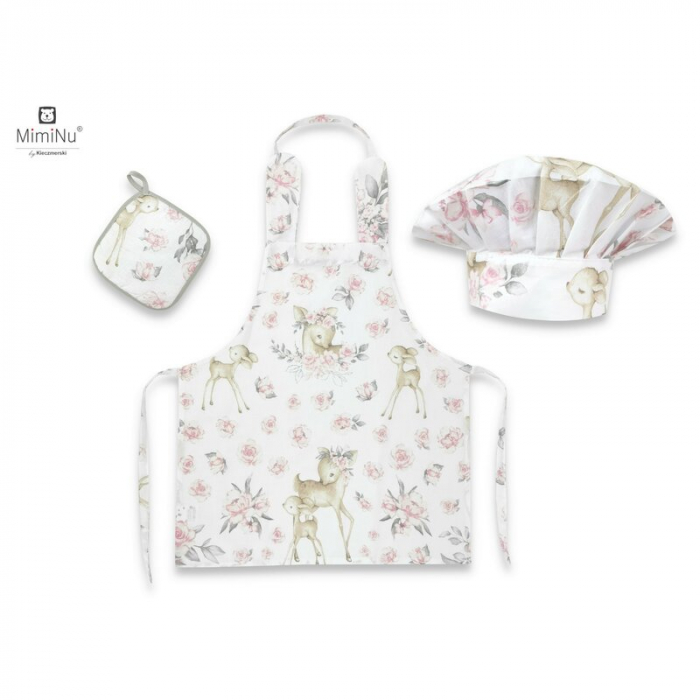 MimiNu - Set Micutul bucatar, Cu sort, o boneta si accesoriu pentru vase calde, Din bumbac certificat Oeko Tex Standard 100, Sweet Deer Pink [1]