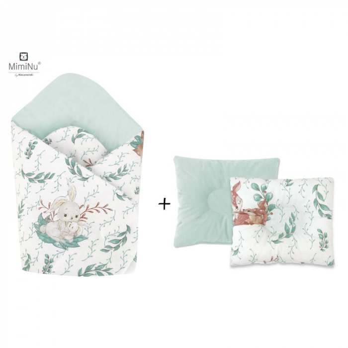 MimiNu - Set paturica de infasat cu doua fete, Dimensiune 75x75 cm + Perna bebelusi profilata, Cu doua fete, Cu functie anti-soc, Dimensiune 23x26 cm, Materiale certificate Oeko Tex Standard 100, Lulu [1]