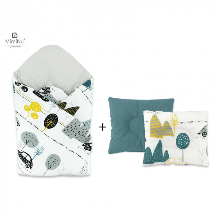 MimiNu - Set paturica de infasat cu doua fete, Dimensiune 75x75 cm + Perna bebelusi profilata, Cu doua fete, Cu functie anti-soc, Dimensiune 23x26 cm, Materiale certificate Oeko Tex Standard 100, Chil [1]